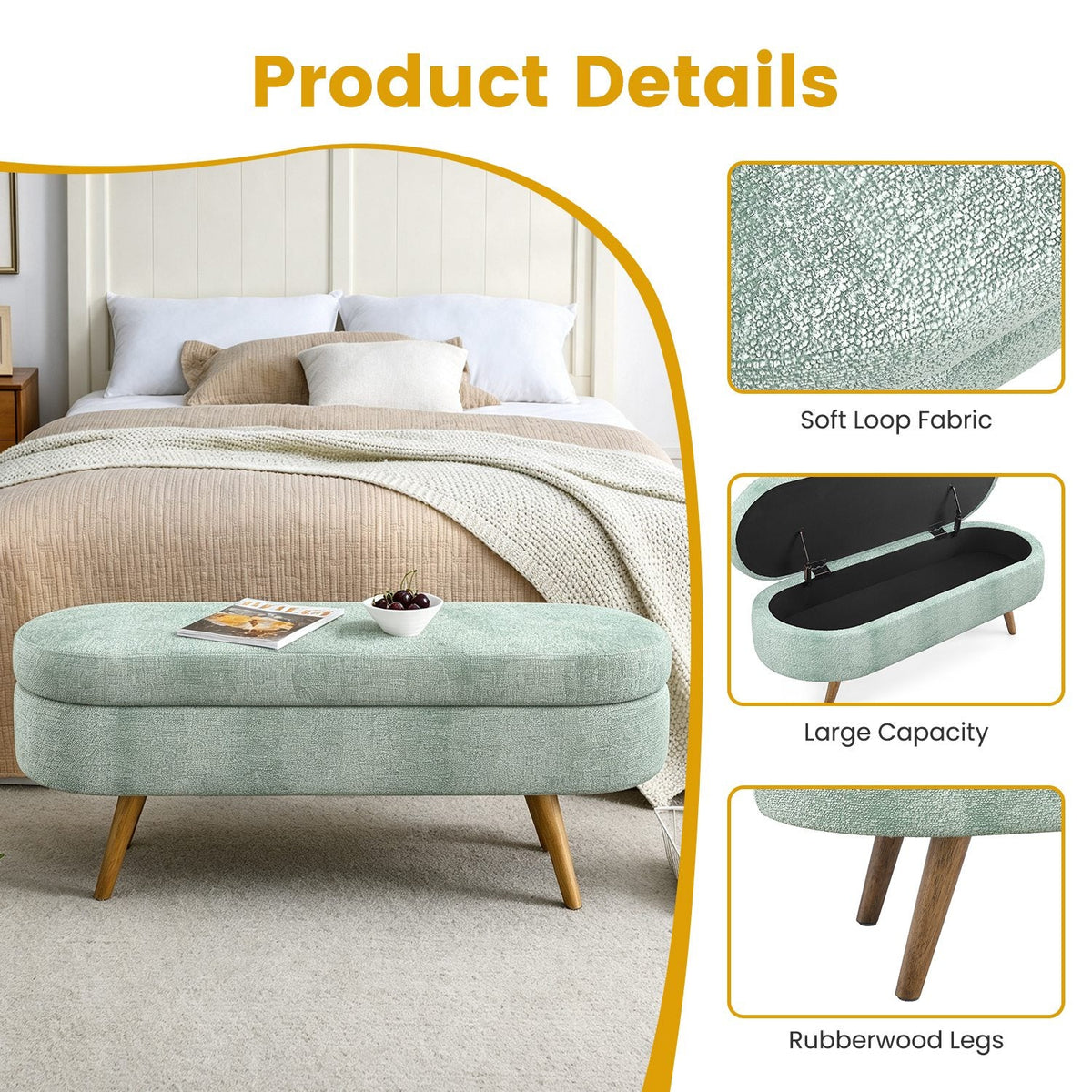 Oval Storage Ottoman Bench with Rubberwood Legs