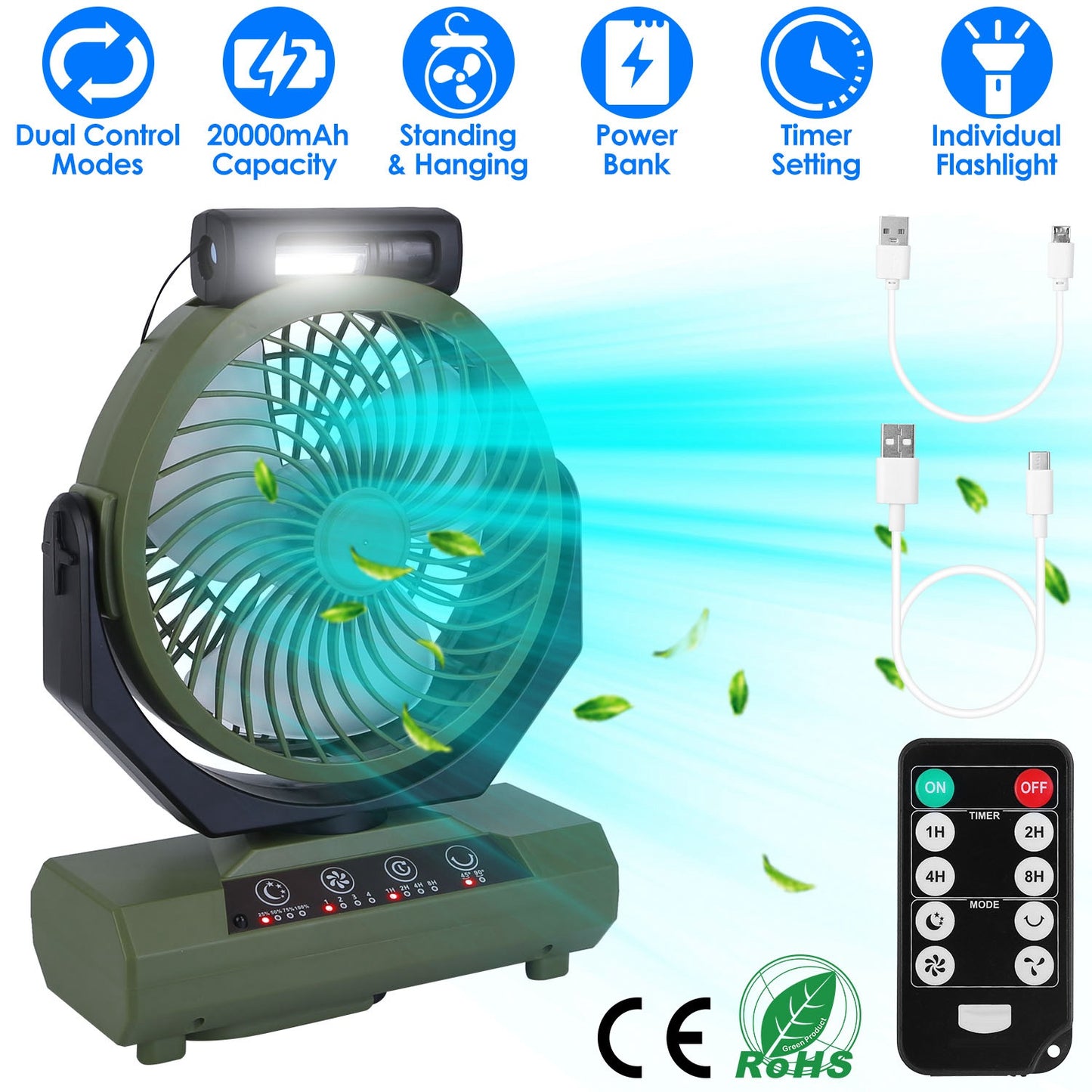 Rechargeable Camping Fan with Flashlight & Power Bank 20000mAh