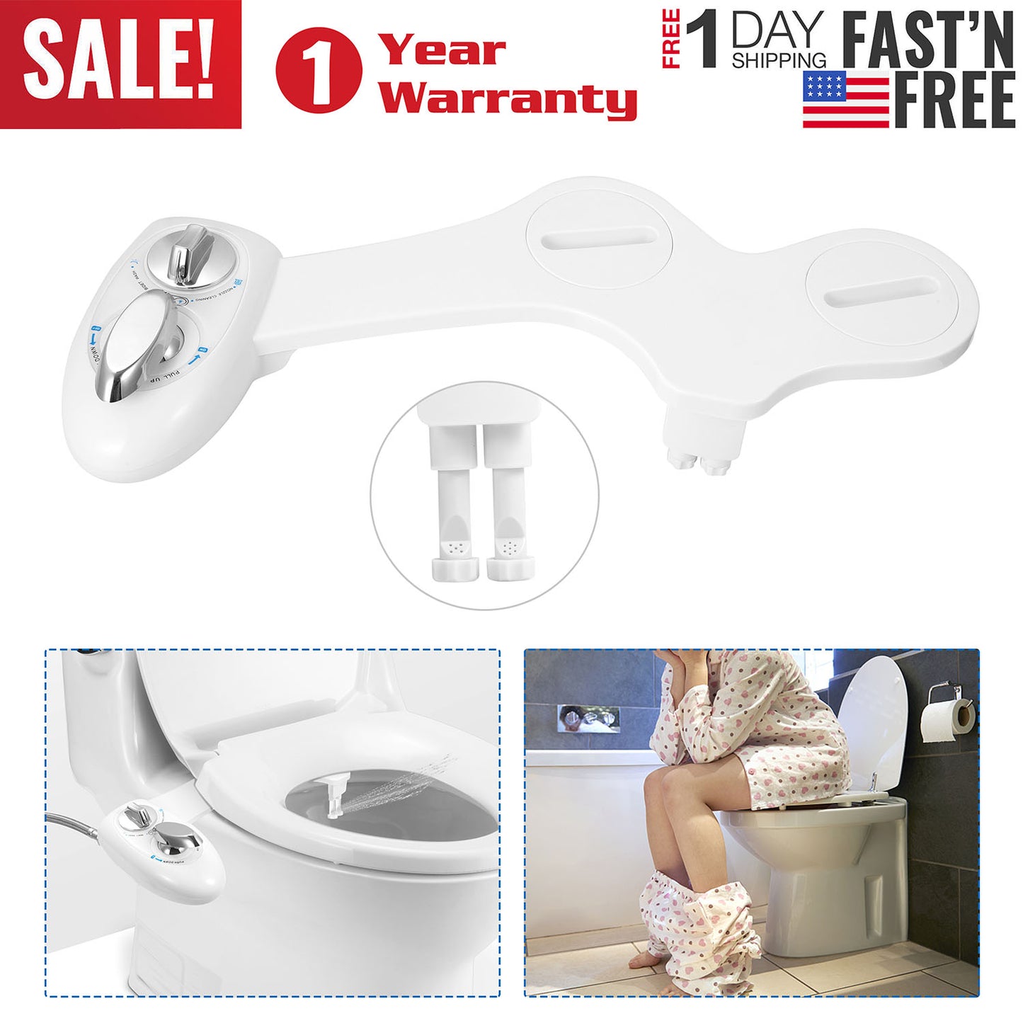 Non-Electric Bidet Attachment with Dual Nozzle Self-Cleaning