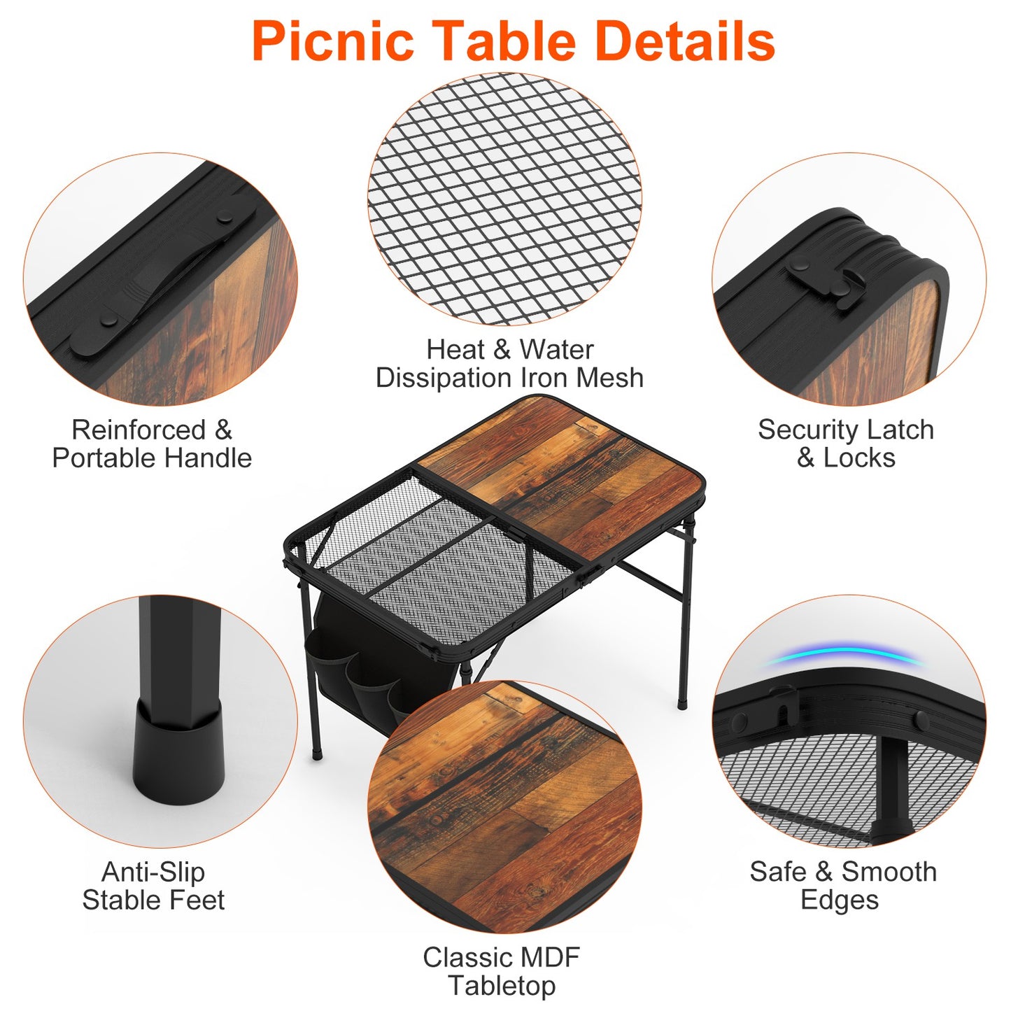 Foldable Camping Table with Adjustable Height & Storage Net