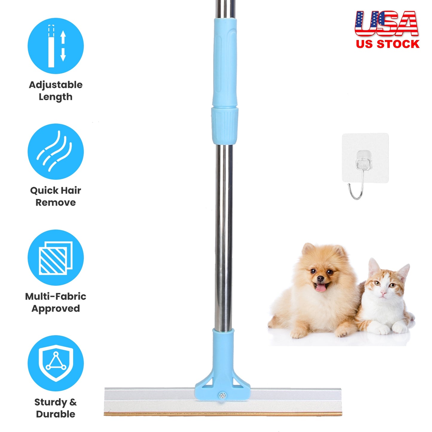 Pet Hair Removal Rake with 54" Adjustable Telescopic Handle