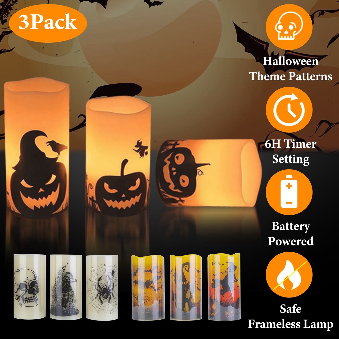 Flameless Halloween Candles with Timer - 3 Pack LED Battery Operated