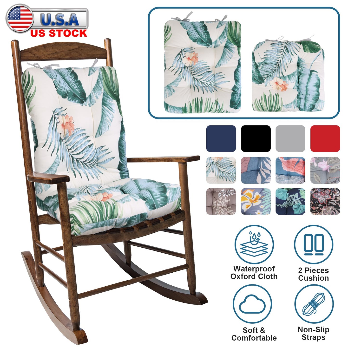 Rocking Chair Cushion Set - Waterproof with Non-Slip Ties