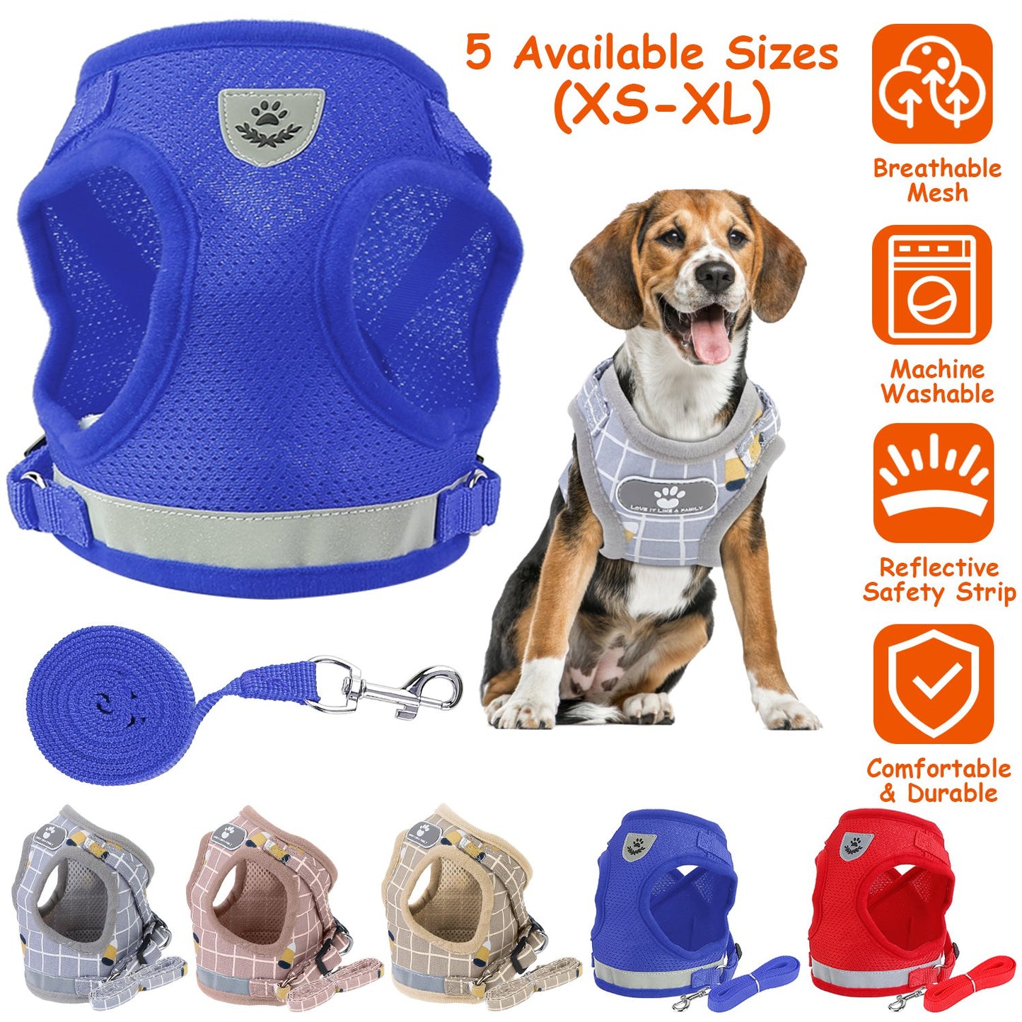 Reflective Dog Harness and Leash Set with Adjustable Mesh Vest
