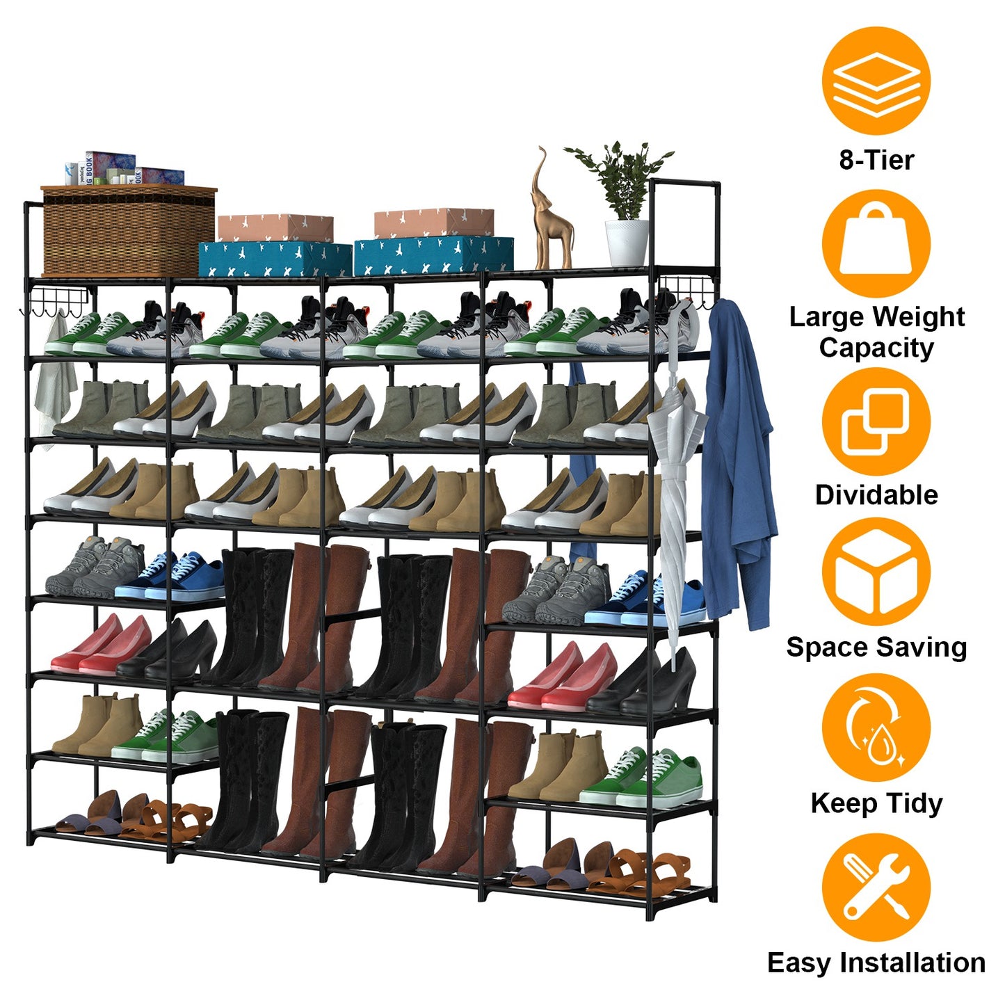 8-Tier Metal Shoe Rack - Holds 56 Pairs with Hooks