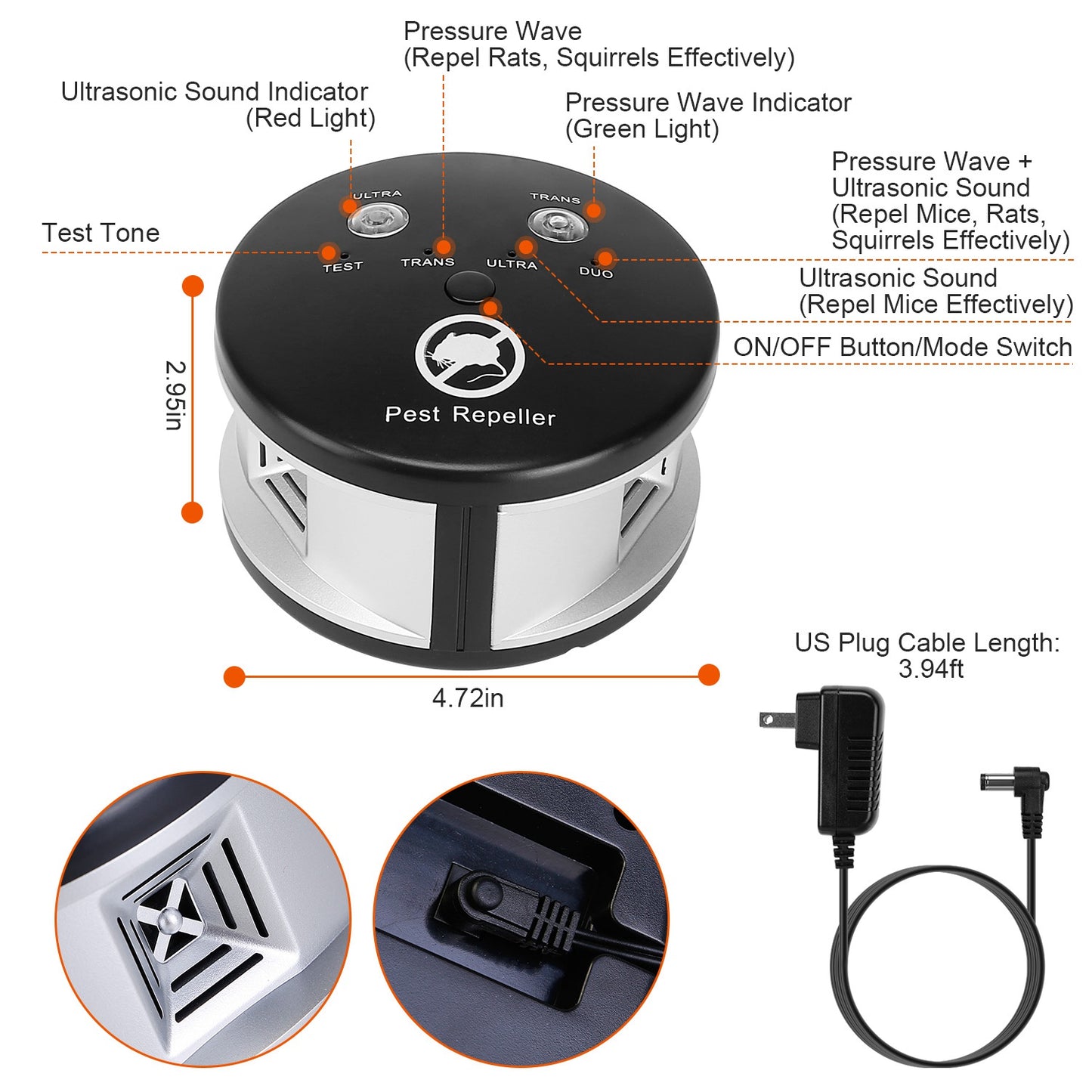 Ultrasonic Pest Repeller with 4 Modes for Indoor Use