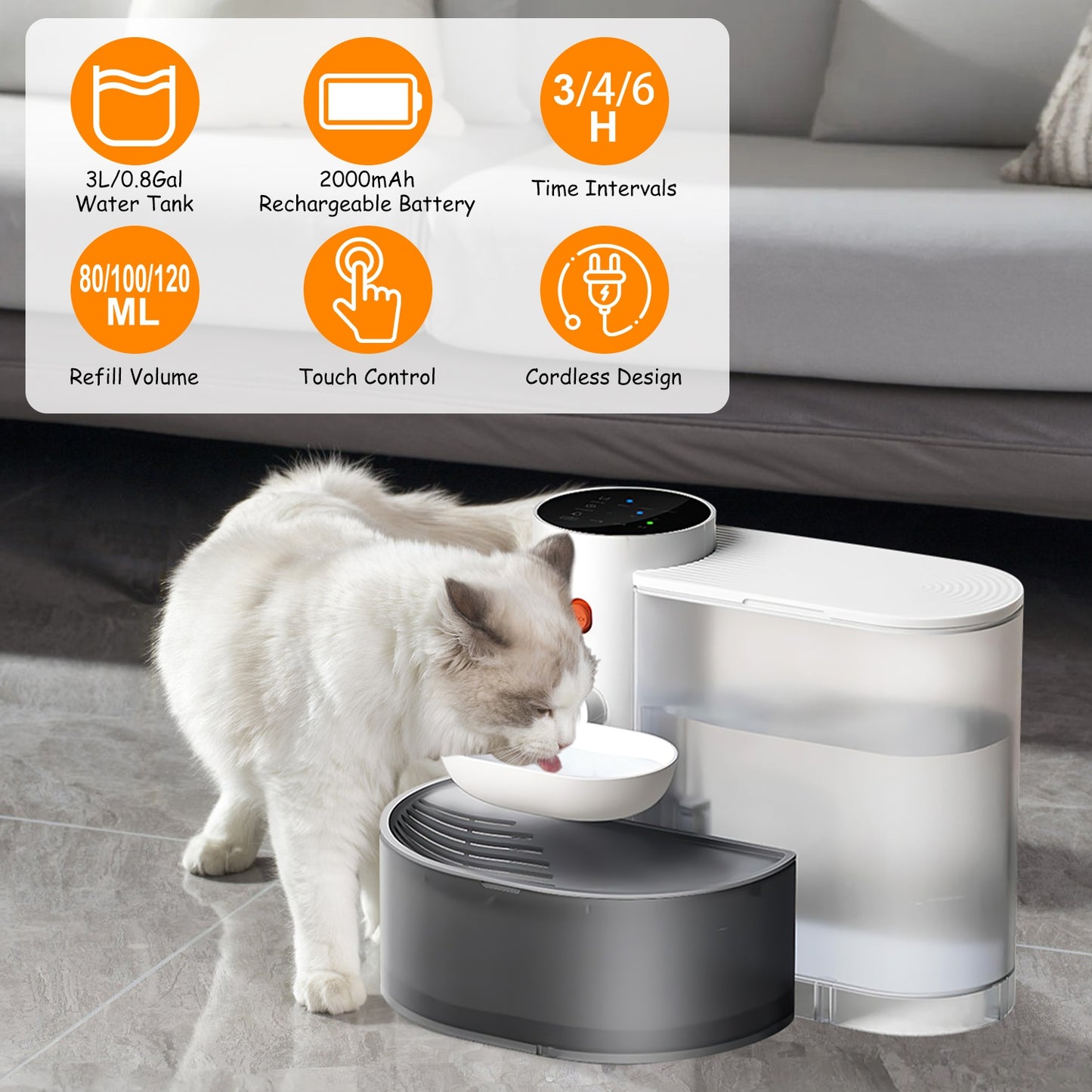 Automatic Pet Water Fountain 3L Cordless Self-Refilling Dispenser