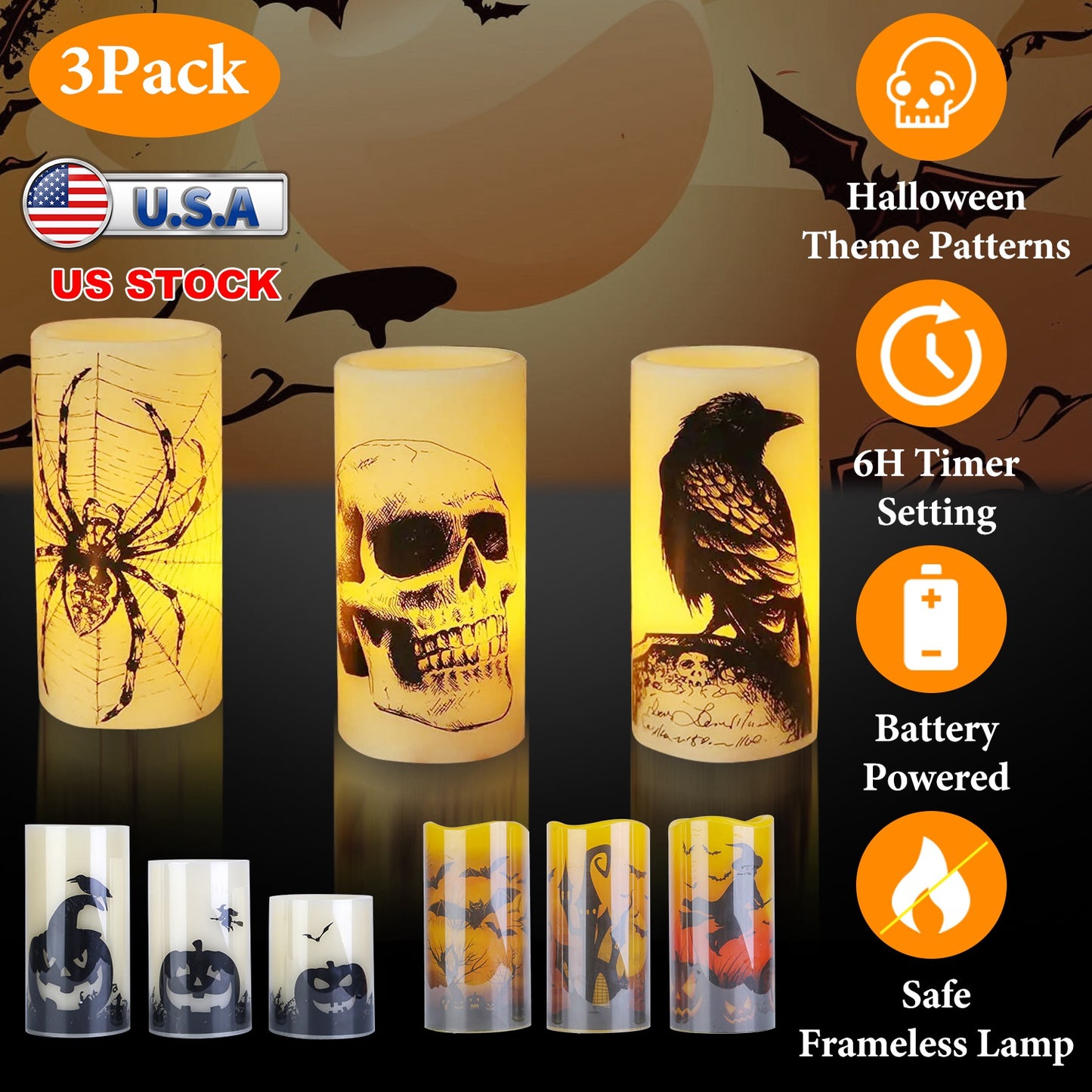 Flameless Halloween Candles with Timer - 3 Pack LED Battery Operated