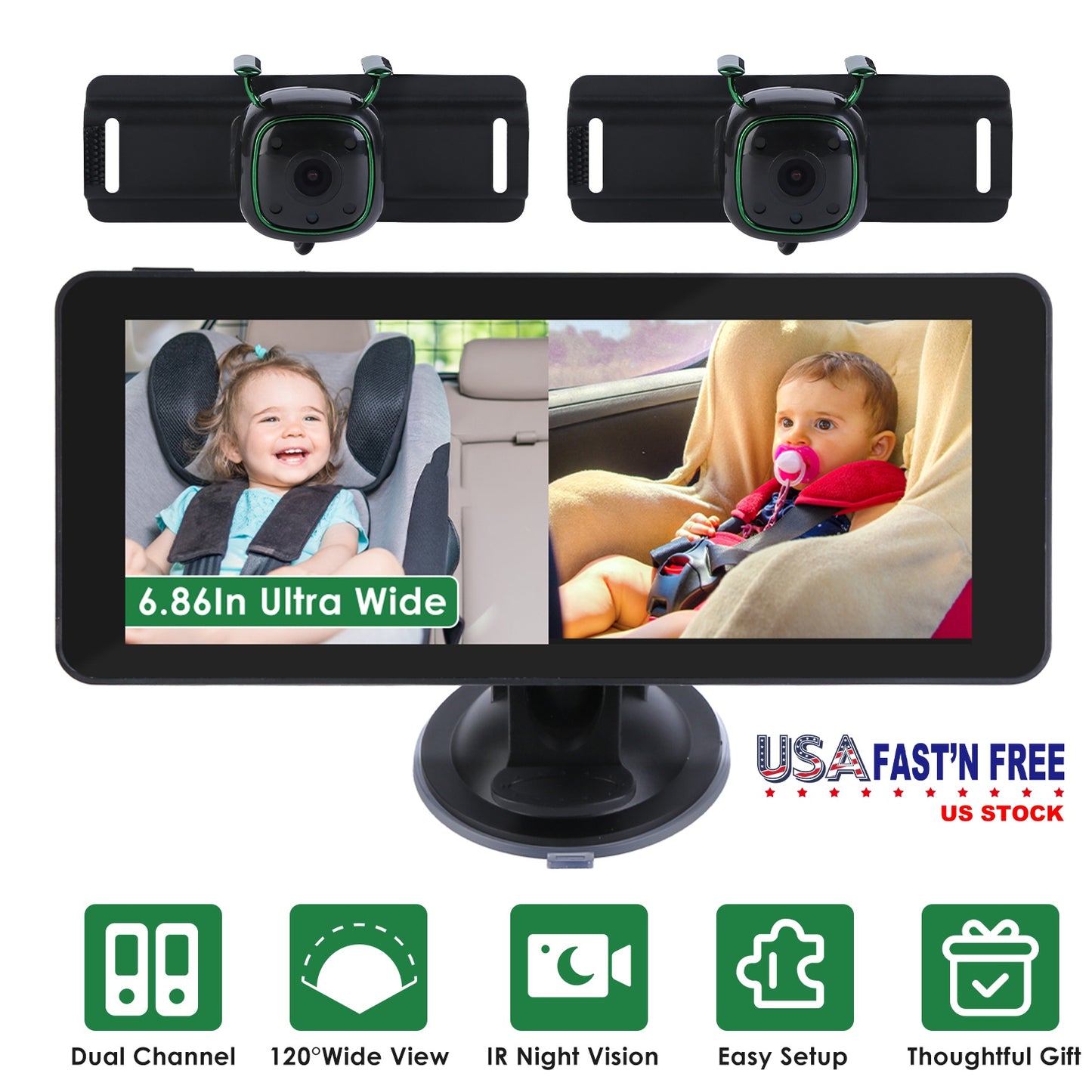 Dual Camera Baby Car Monitor with 6.86" Split Screen & Night Vision