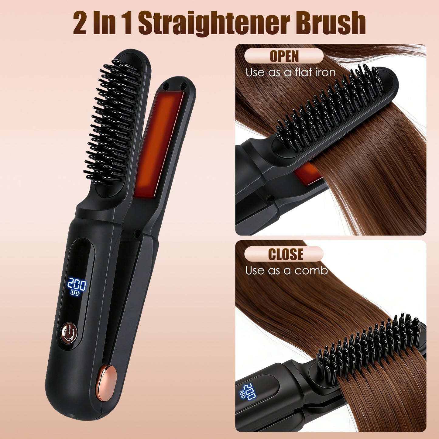 Cordless Hair Straightener Brush 2-in-1 Ceramic Flat Iron