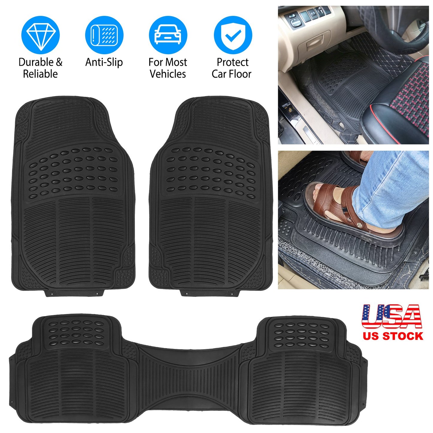 Car Floor Mats Set 3-Piece Heavy Duty PVC Rubber Trimmable