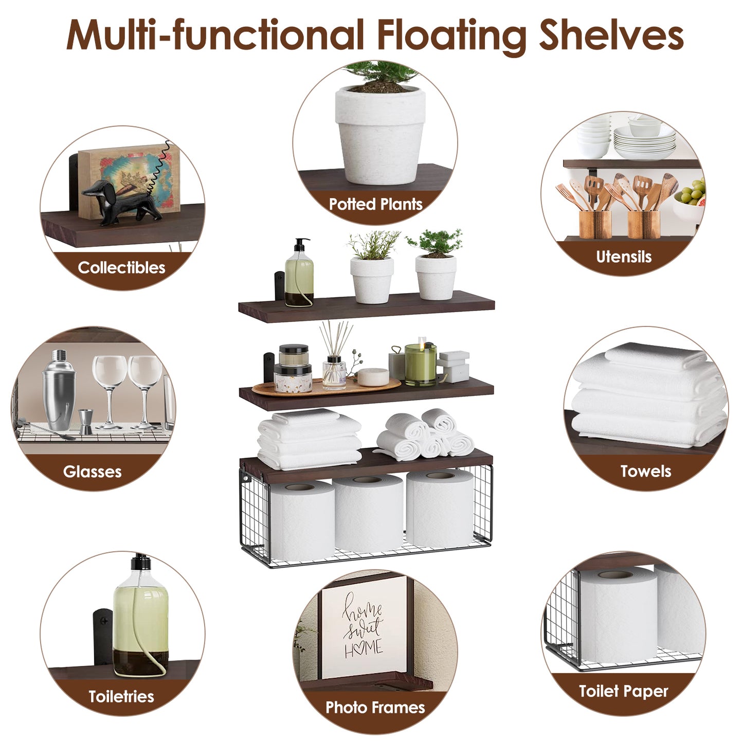 Floating Shelves Wall Mounted with Storage Basket - 3 Tier Wood