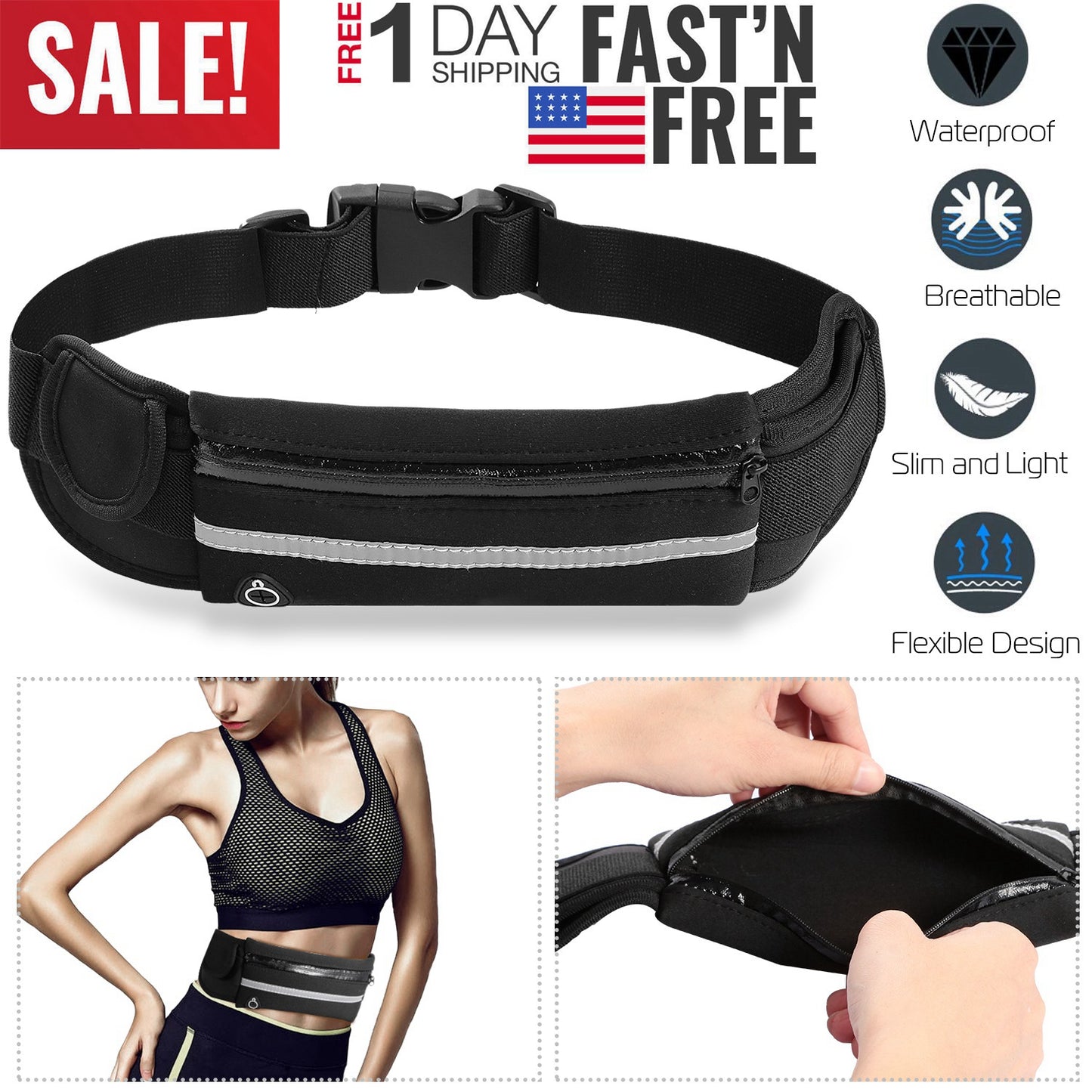 Running Belt Bag Waterproof Adjustable Waist Pack with Pockets