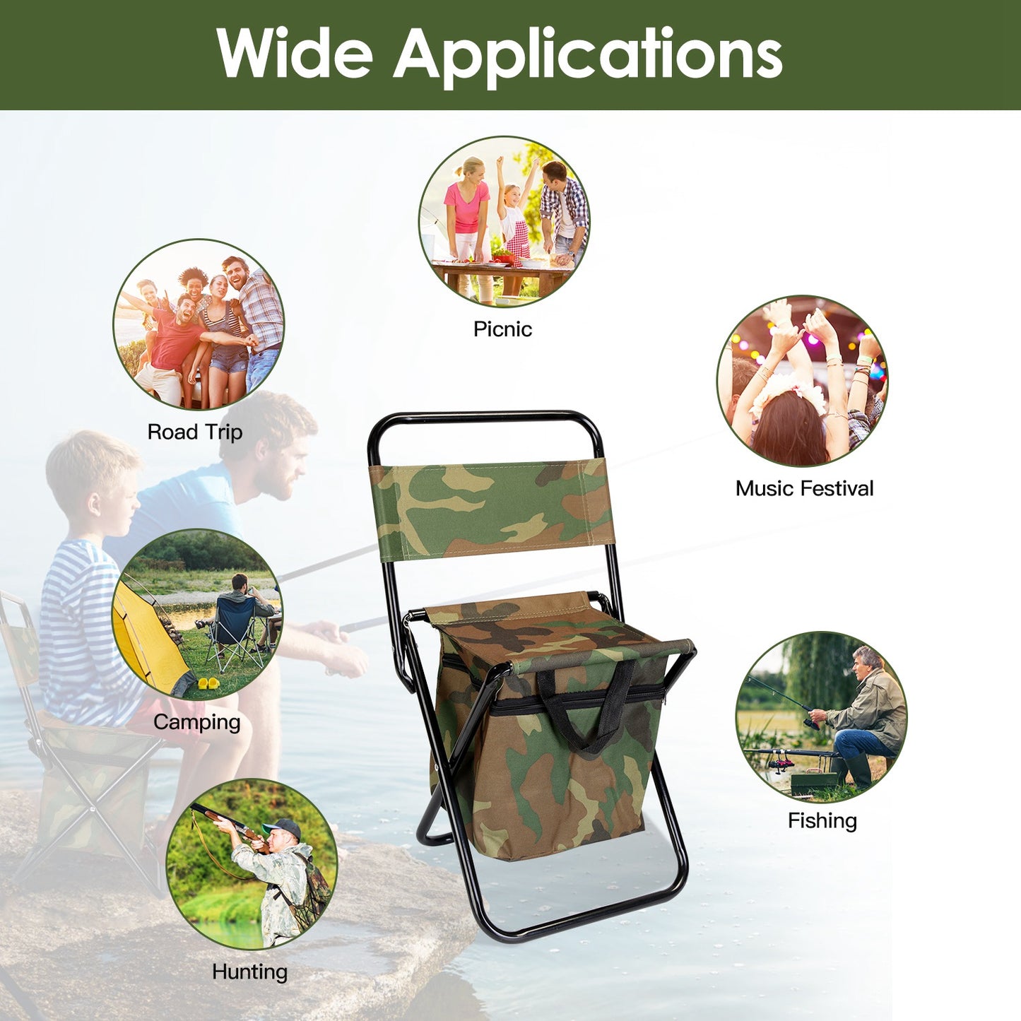 Foldable Fishing Chair with Built-In Cooler Bag and Backrest