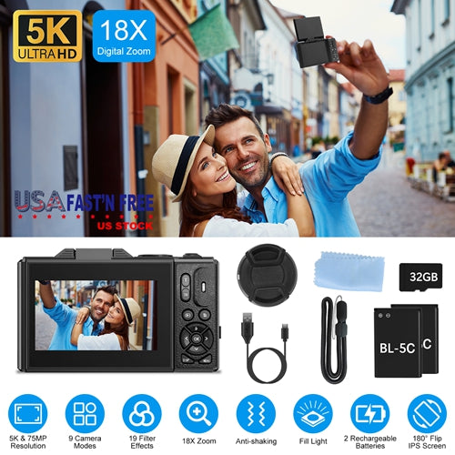 5K Digital Camera with 75MP, WiFi & 18X Zoom