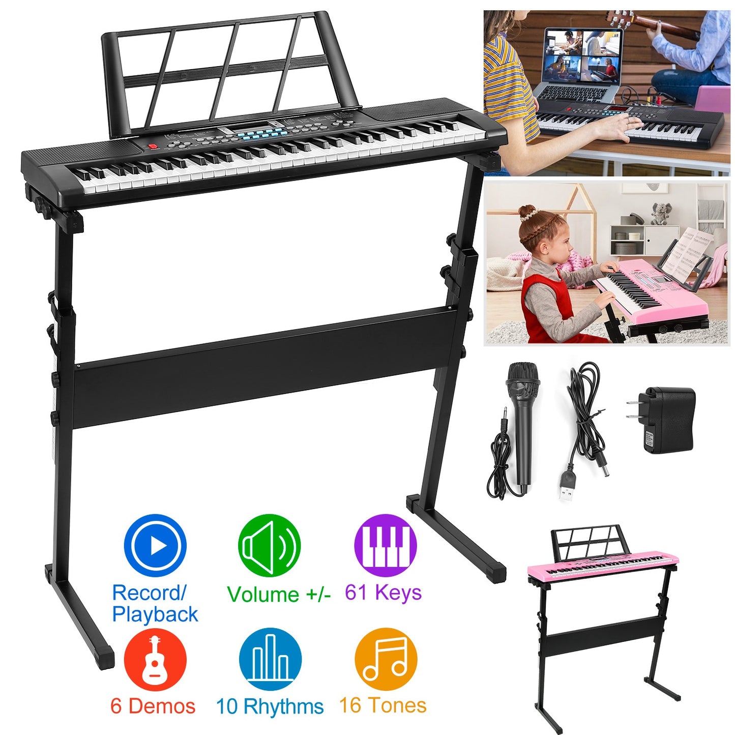 61-Key Digital Keyboard with Stand & Microphone for Kids