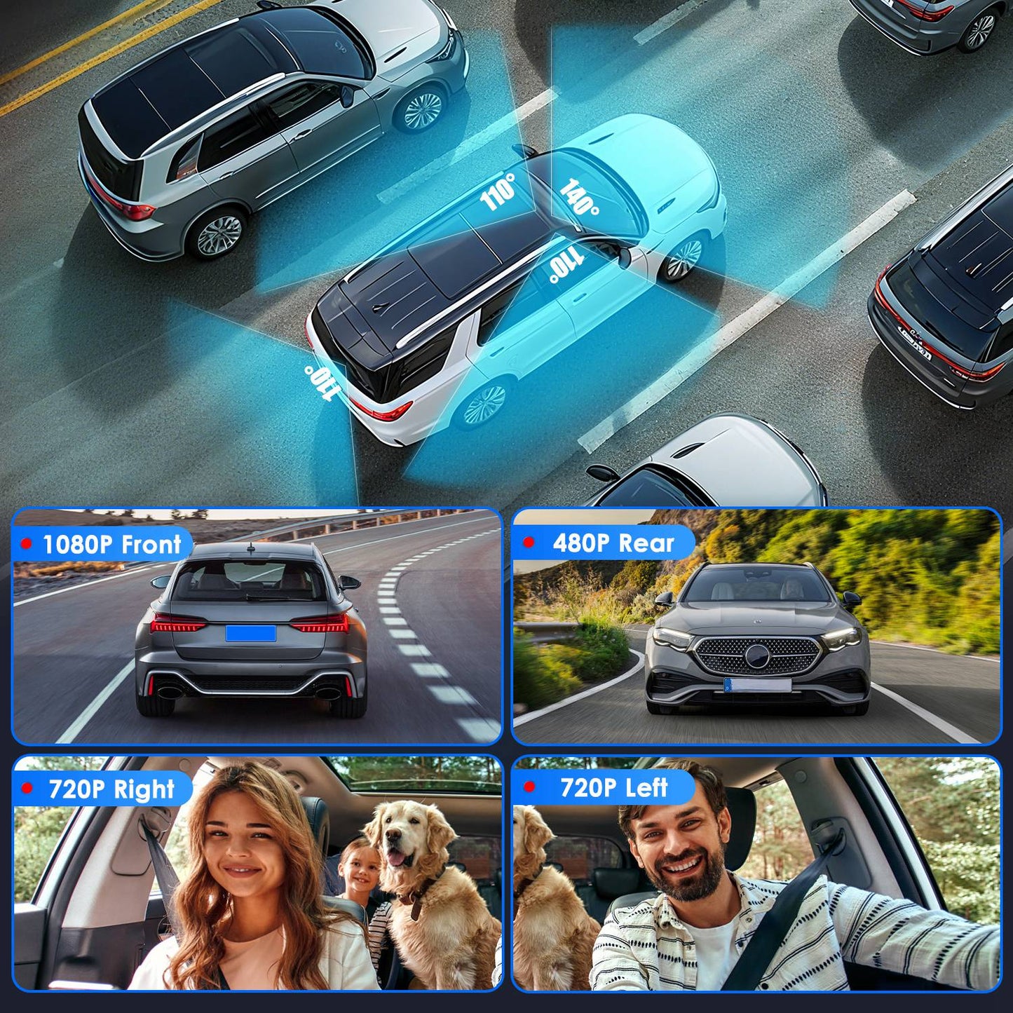 4 Channel Dash Cam with 360° Coverage & 128GB Card
