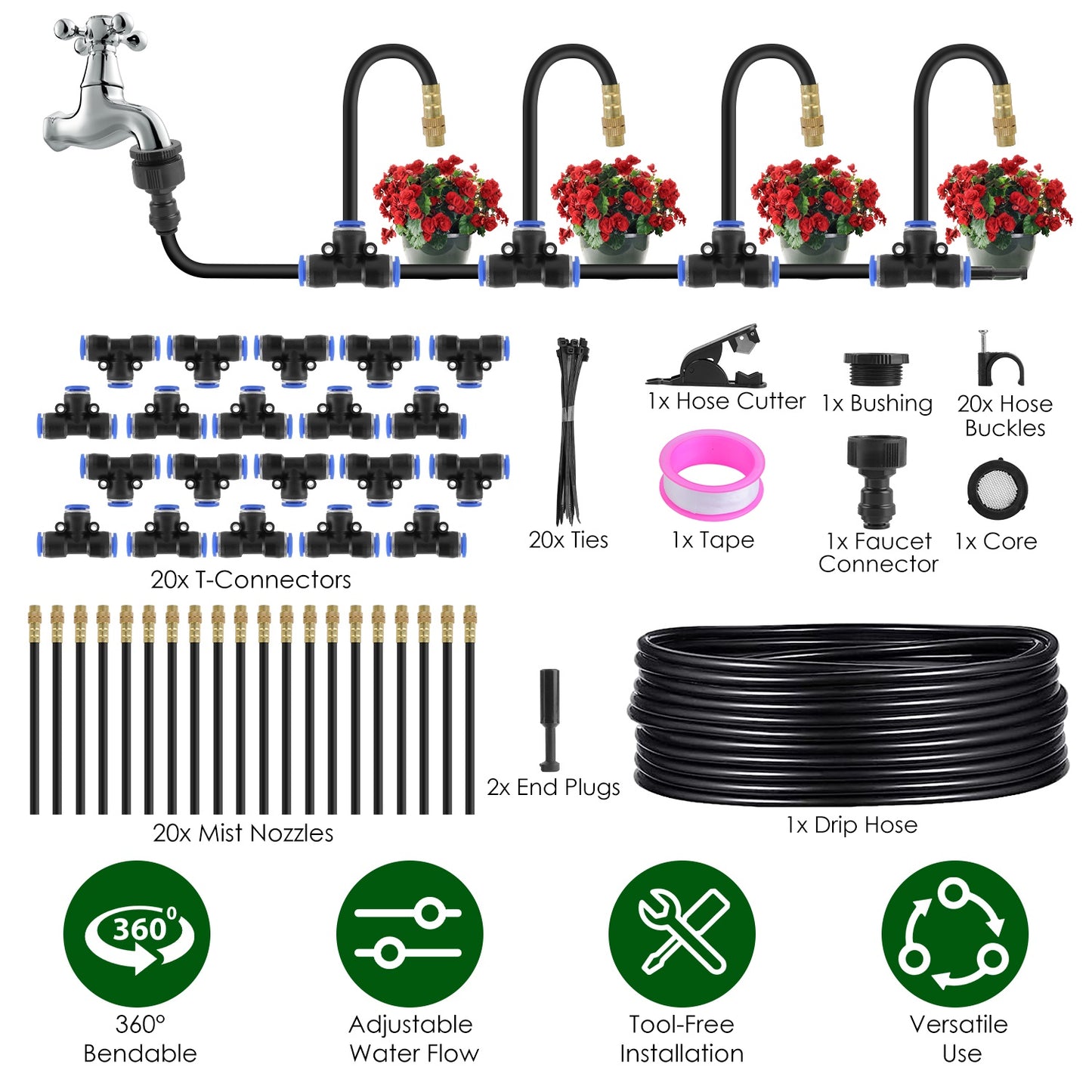 Drip Irrigation System with 49FT Hose & 360° Bendable Nozzles