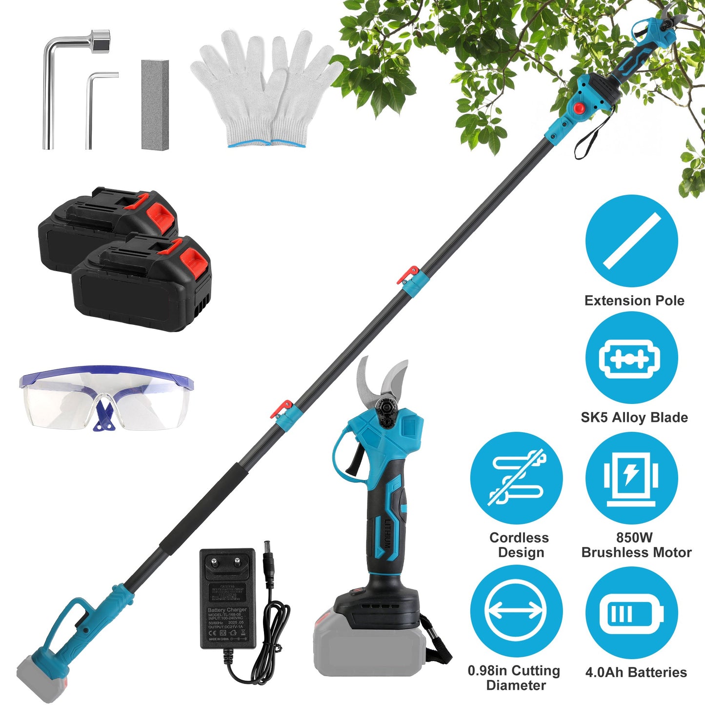 Electric Pruning Shears with 13ft Extension Pole & 2 Batteries