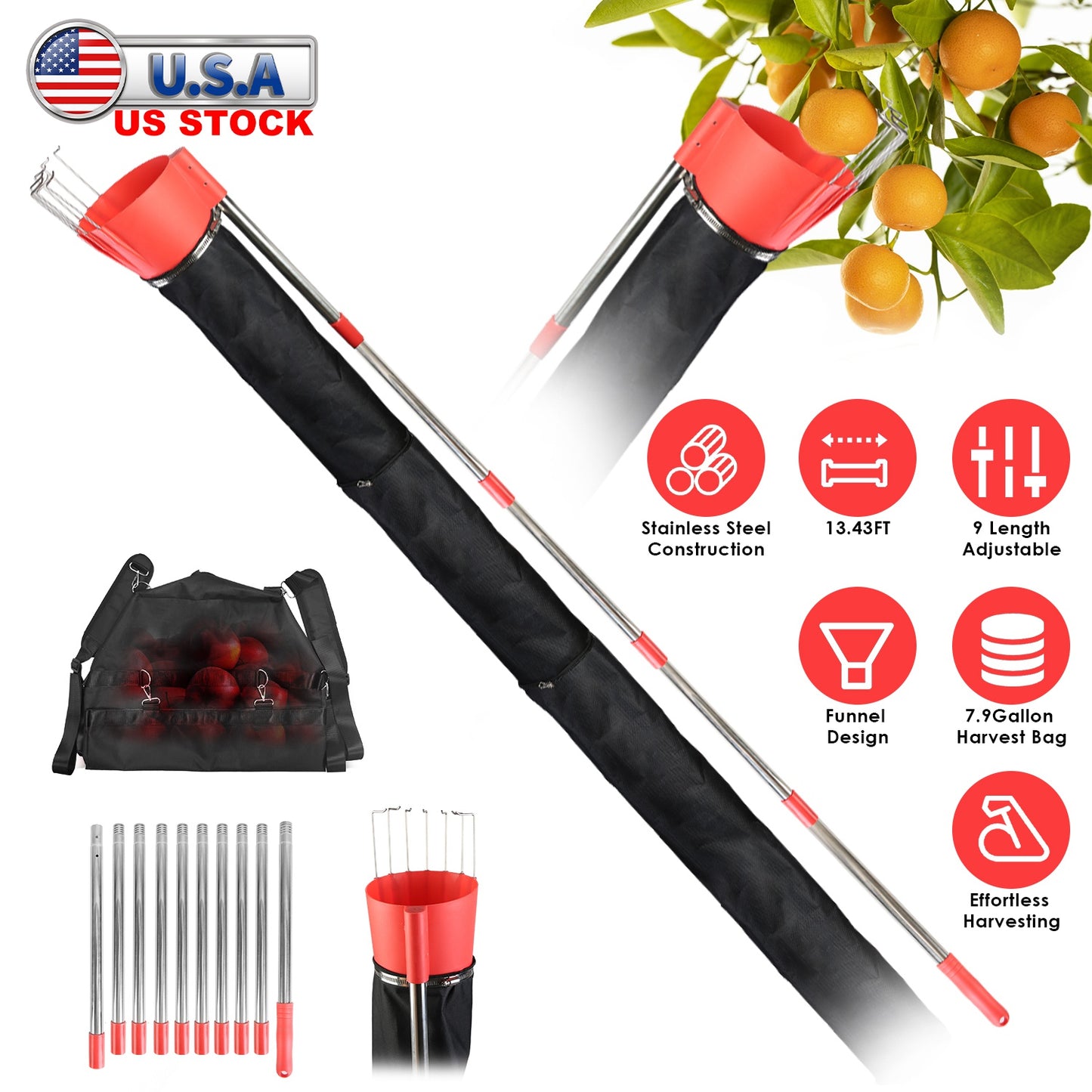 Fruit Picker Pole with Harvest Bag - 13.43ft Telescopic Reach