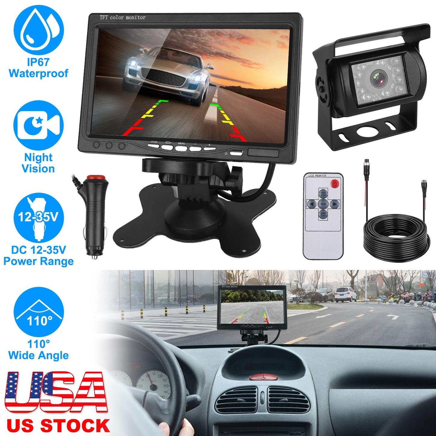 7 Inch Backup Camera System with Night Vision & IP67 Waterproof