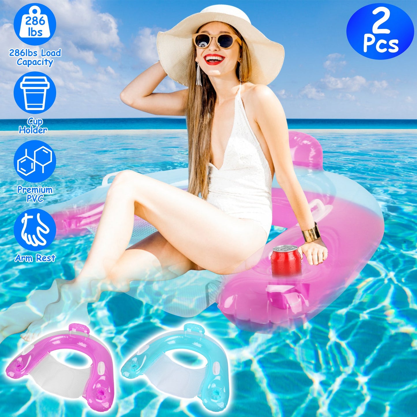Inflatable Pool Float Chair with Cup Holders - 2 Pack