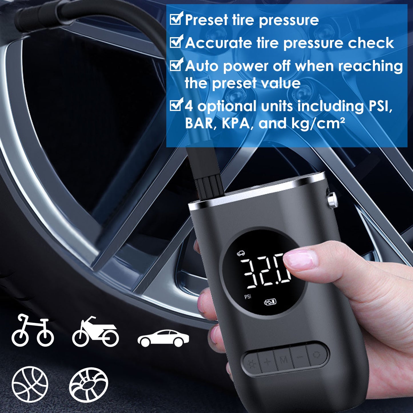 Portable Tire Inflator Pump 150 PSI Wireless with LED Light
