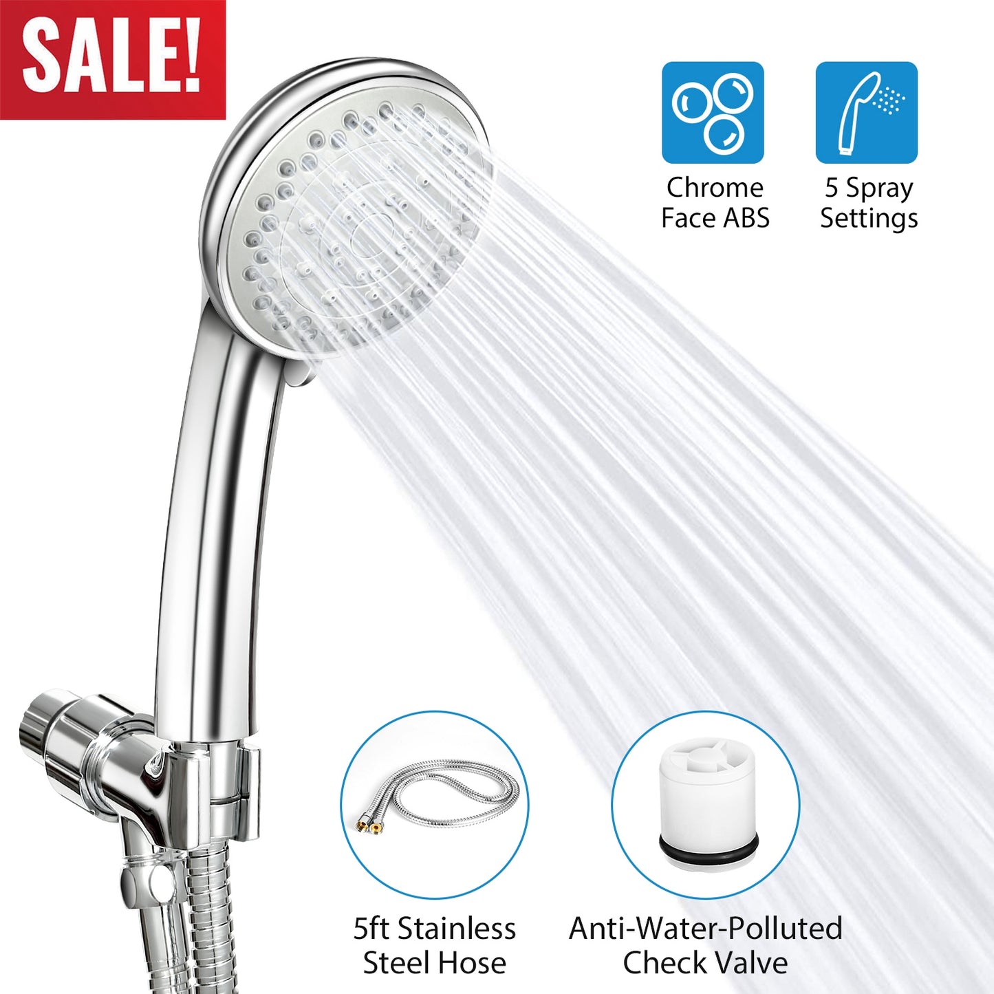 Handheld Shower Head with 5 Spray Settings & Steel Hose