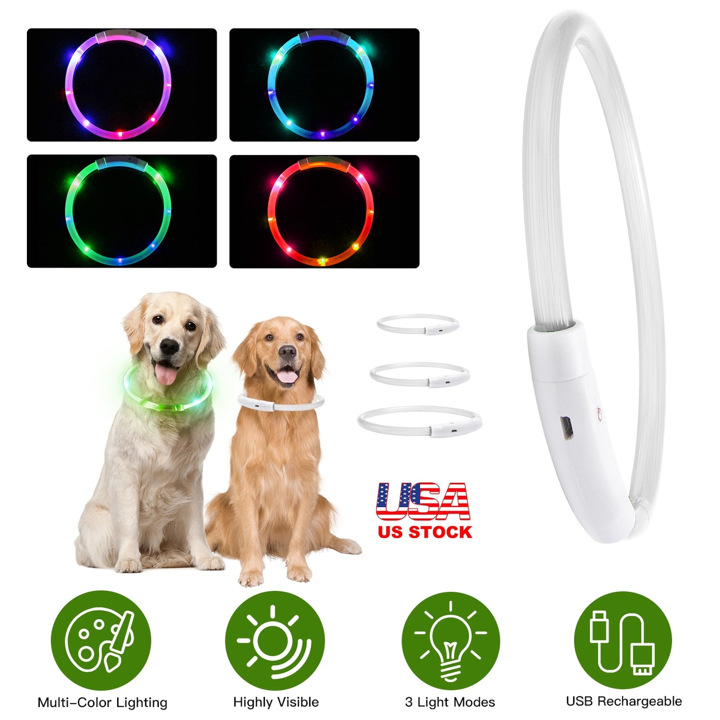 LED Dog Collar USB Rechargeable Multi-Color Safety Light