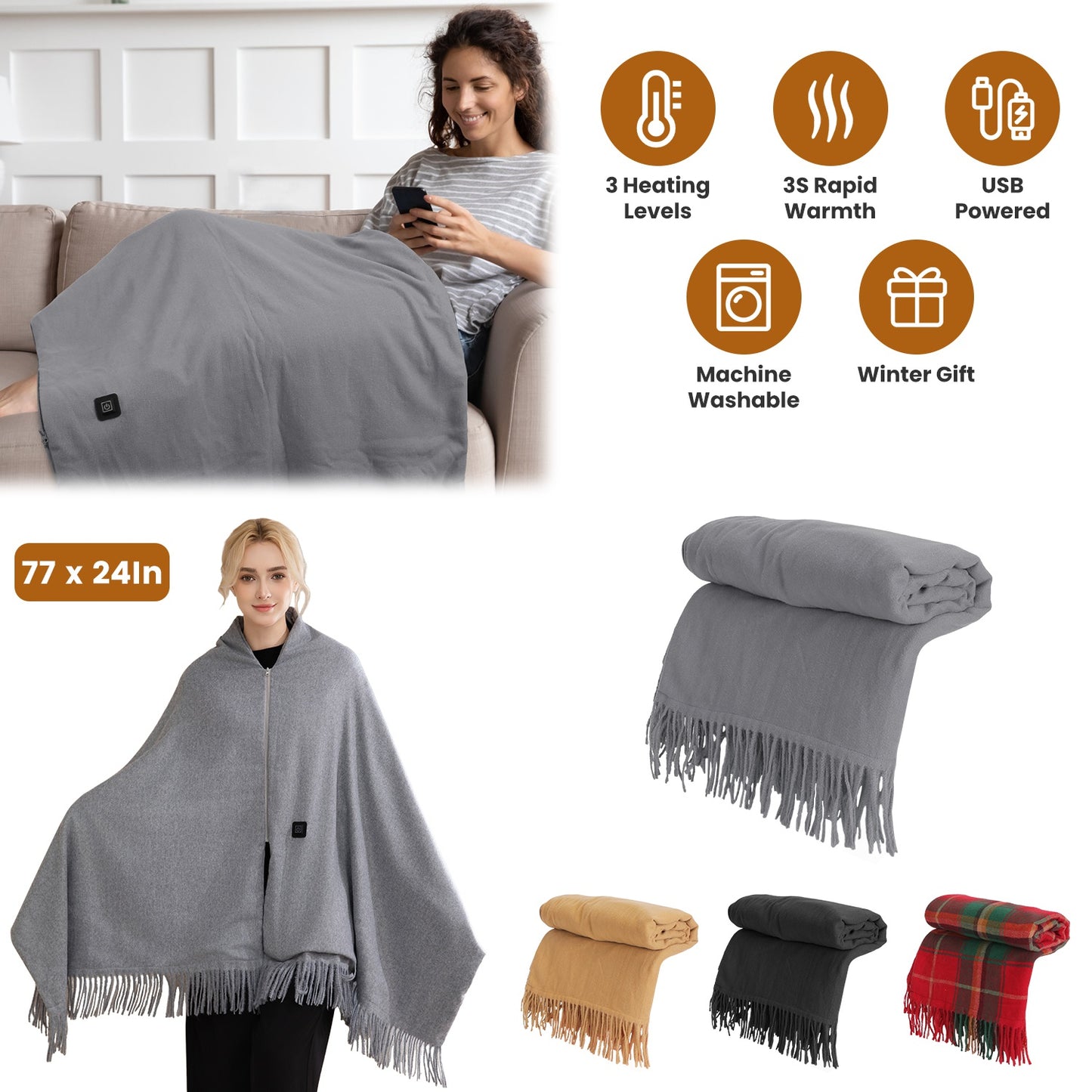 USB Heated Shawl with 3 Heat Levels and Zipper