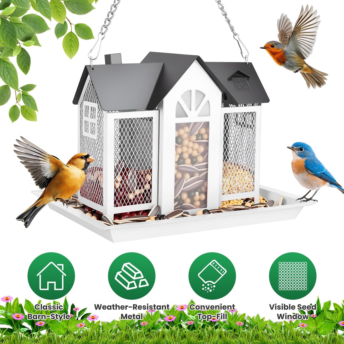 Barn Bird Feeder with Transparent Window & Lift Top Lid
