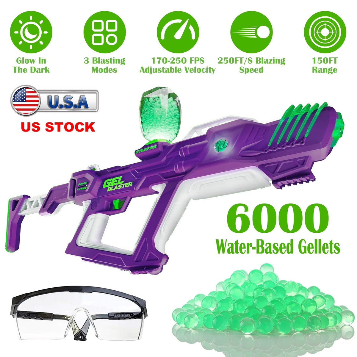 Gel Blaster Starfire XL Glow-in-The-Dark Blaster Toy Gun High Performance Splat Gun Toy with 6000 Gellets 170-250 FPS