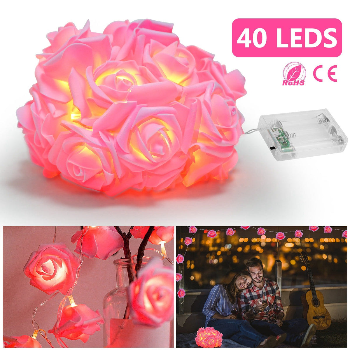 40 LEDs Rose Flower String Lights 10ft/3m Battery Operated Decorative Lights for Anniversary Valentine\'s Wedding Bedroom