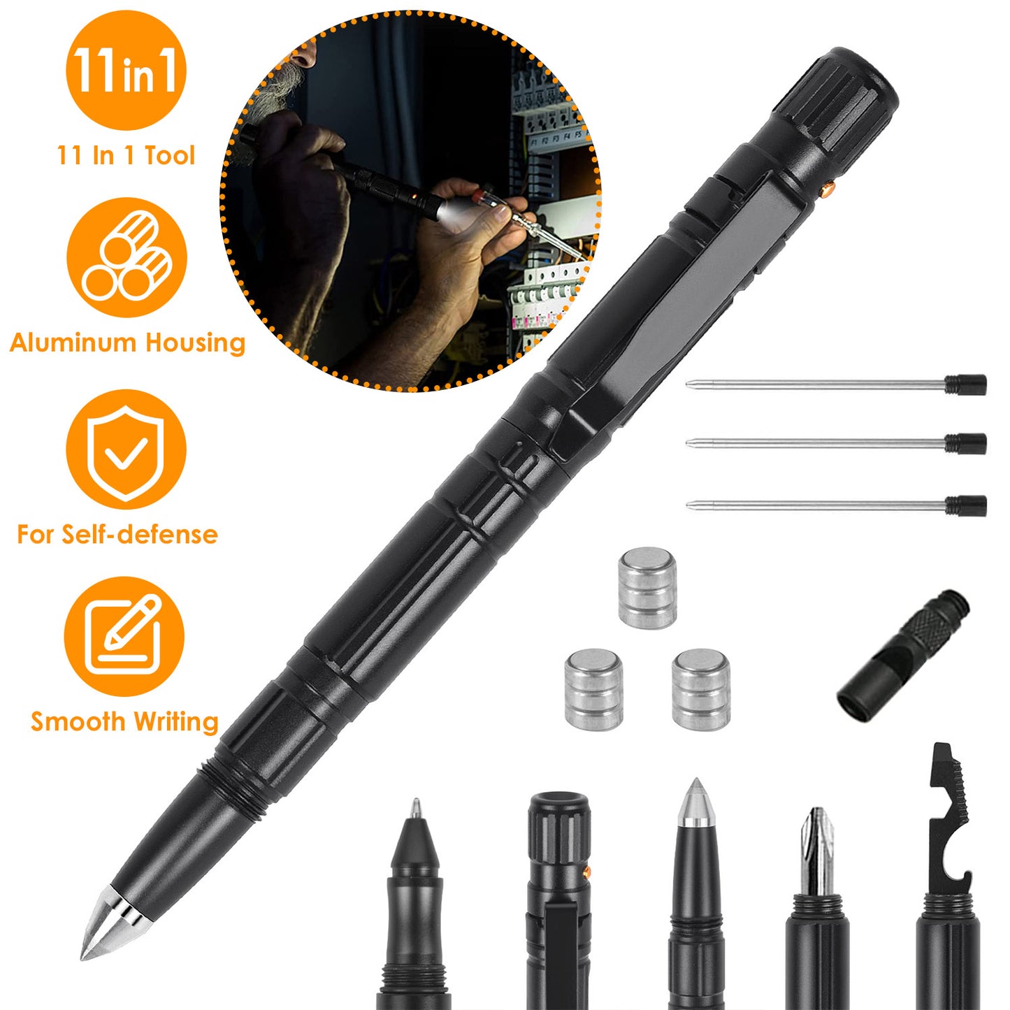 Tactical Pen Multi-Tool Set with LED Flashlight & Glass Breaker