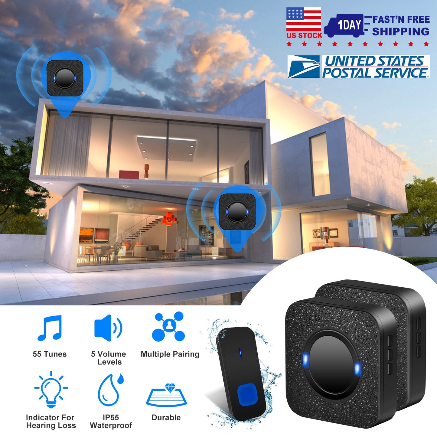 Wireless Doorbell with 984ft Range & 55 Chimes