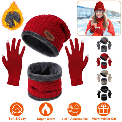 Winter Knitted Hat Scarf Gloves 3Pcs Winter Warm Beanie and Touch Screen Gloves Scarf Set Knit Beanie Skull Cap Neck Warmer Mittens for Men Women