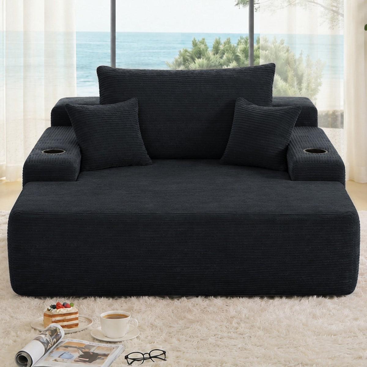 Convertible Chaise Lounge Sleeper Sofa with Cup Holders & Pillows