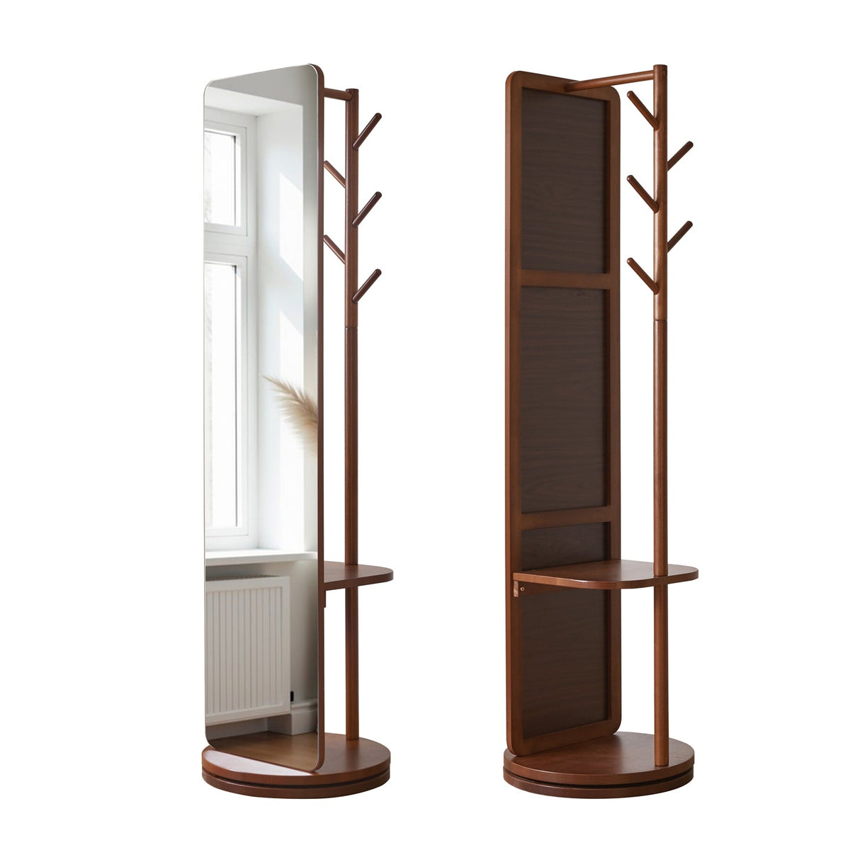 Full Length Rotating Mirror with Coat Rack & Storage Shelf