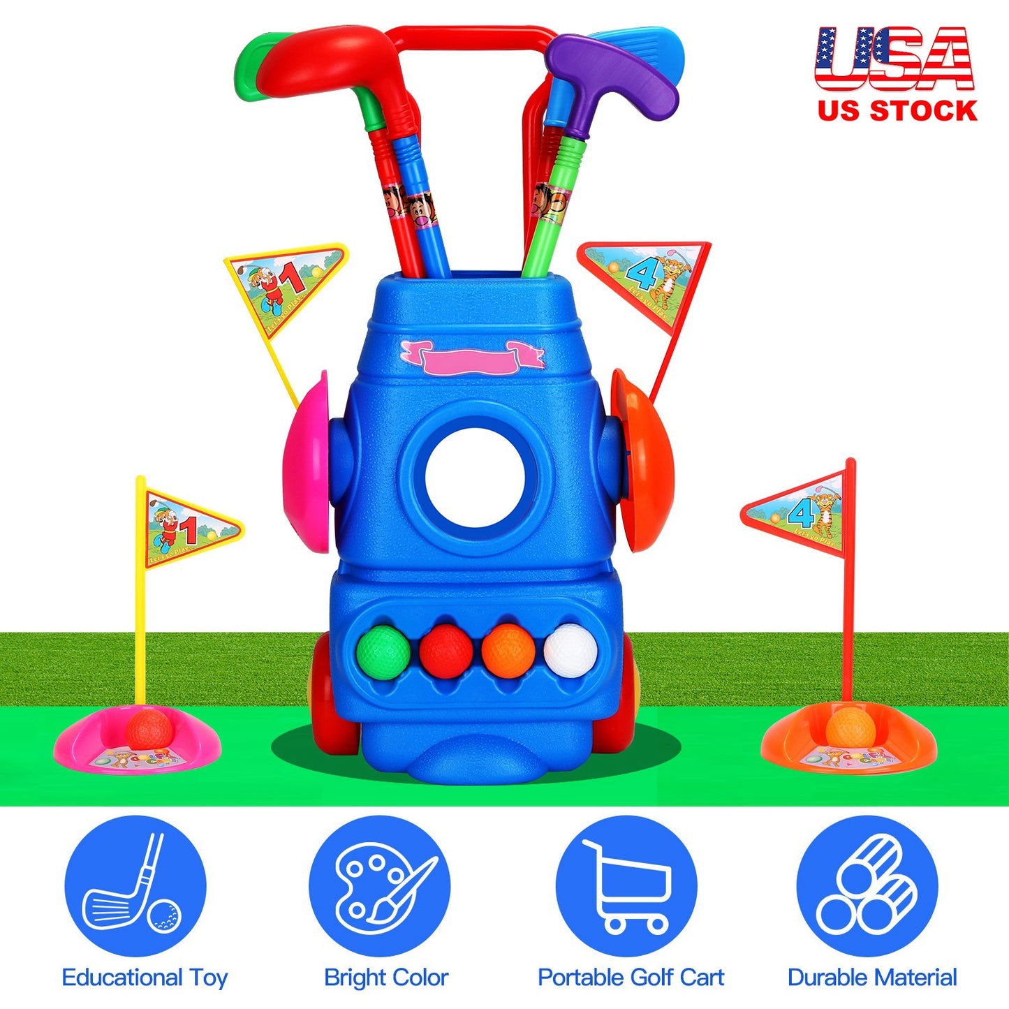 Toddler Golf Set with Cart, 4 Clubs, Balls & Flags