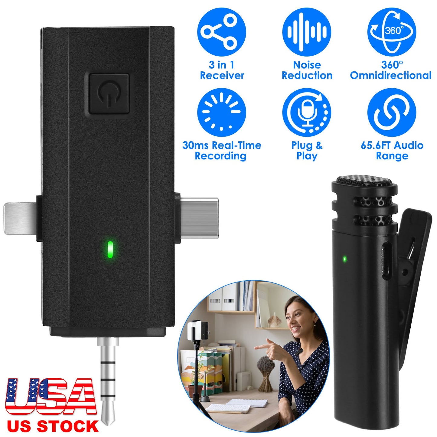 Wireless Clip-On Microphone with 3-in-1 Receiver