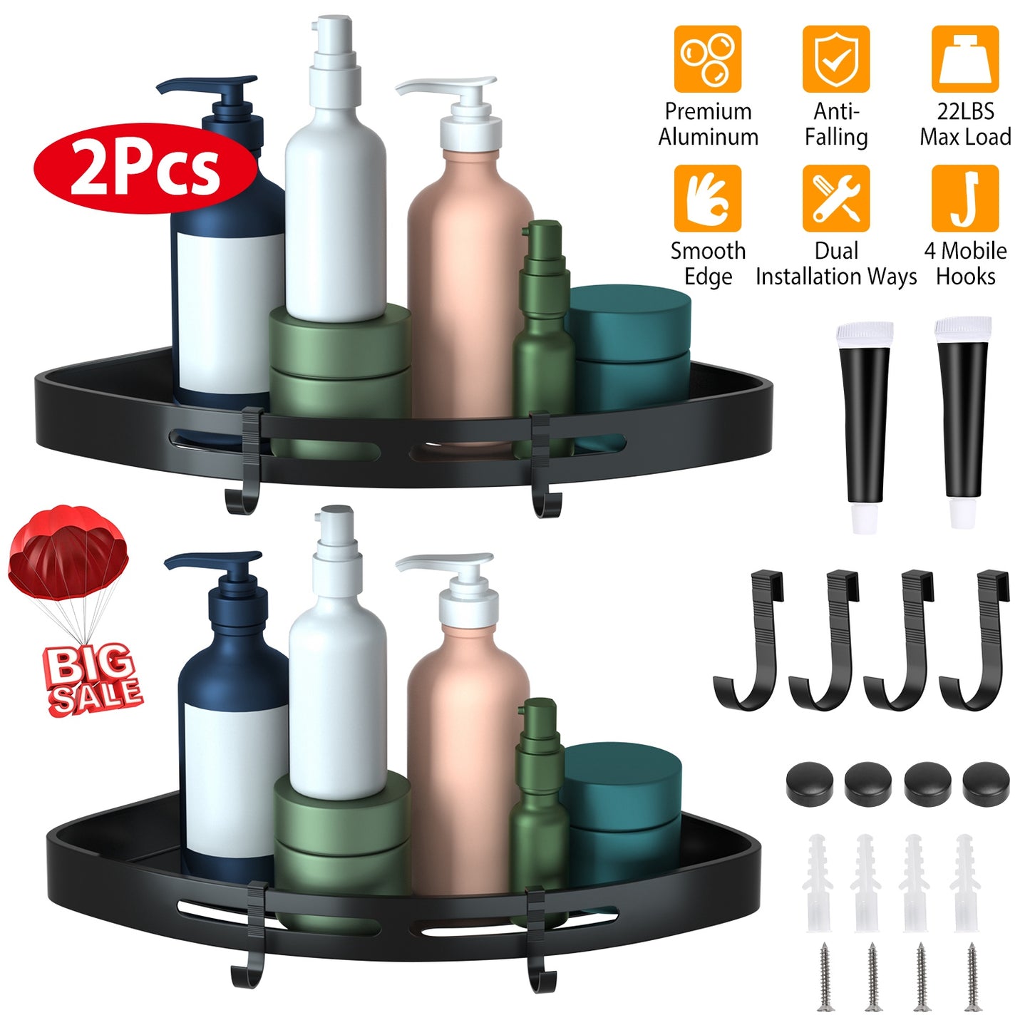 Corner Shower Caddy Shelf 2-Pack - Adhesive Wall Mount Aluminum