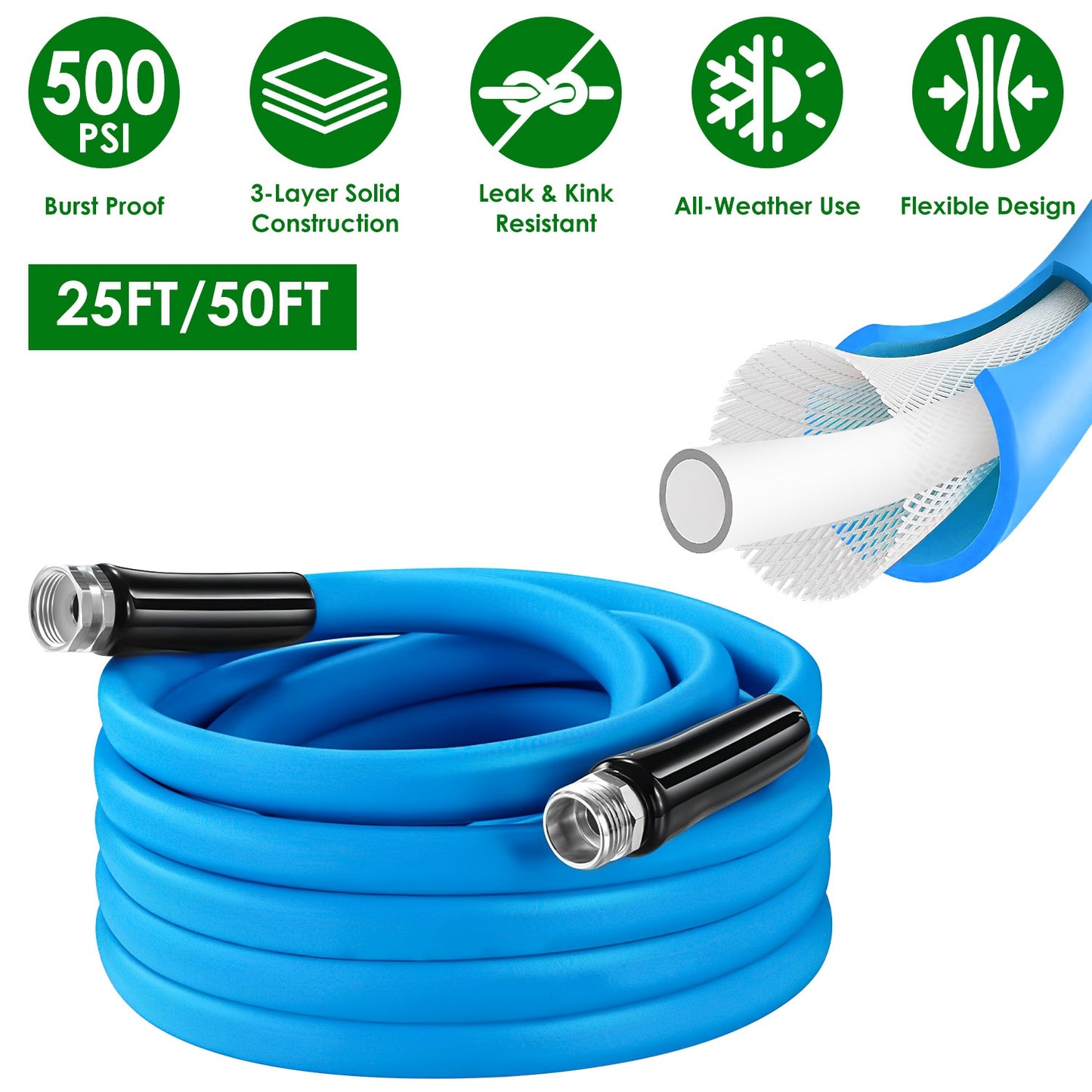 5/8" Heavy Duty PVC Garden Hose - Kink-Free, 500PSI Burst