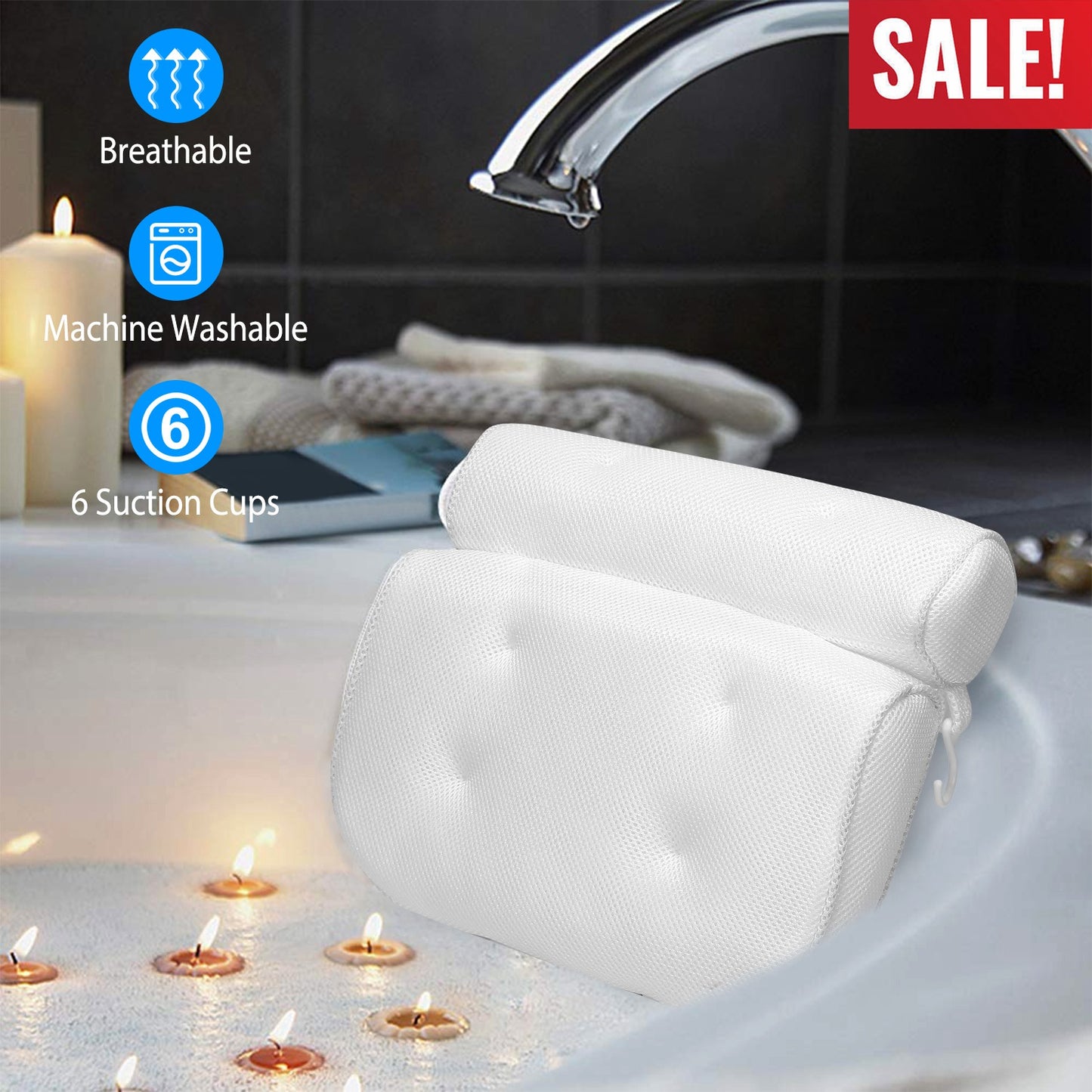 Bath Pillow with Suction Cups for Neck and Head Support
