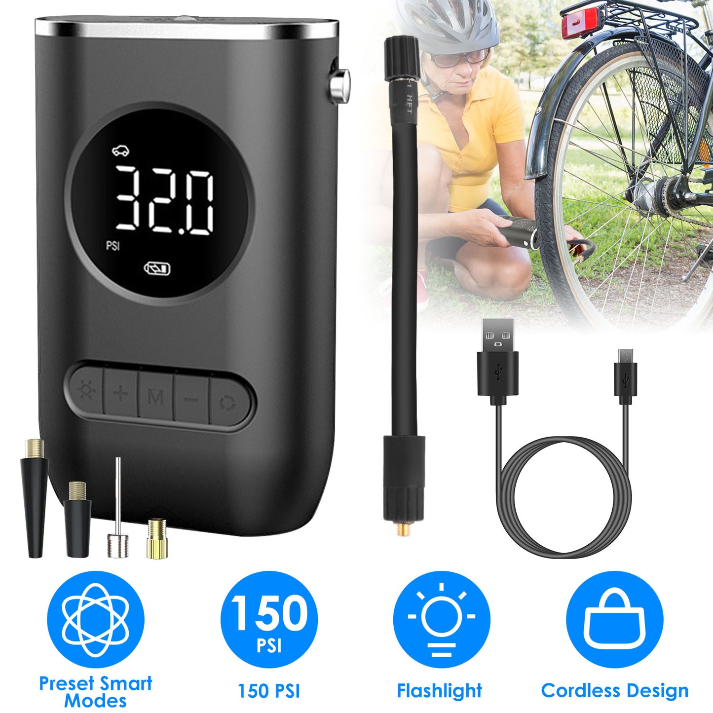 Portable Tire Inflator Pump 150 PSI Wireless with LED Light