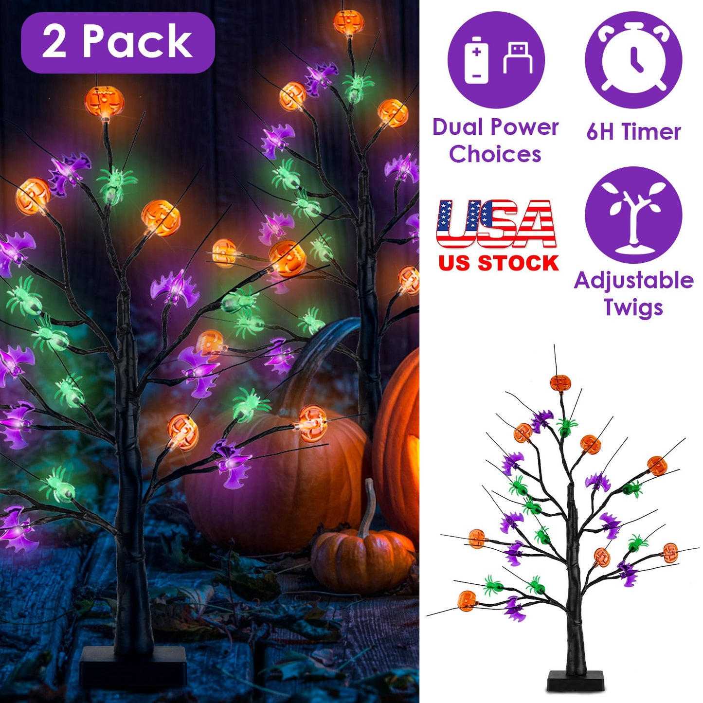 Lighted Halloween Tree 2-Pack with Timer & Adjustable Branches