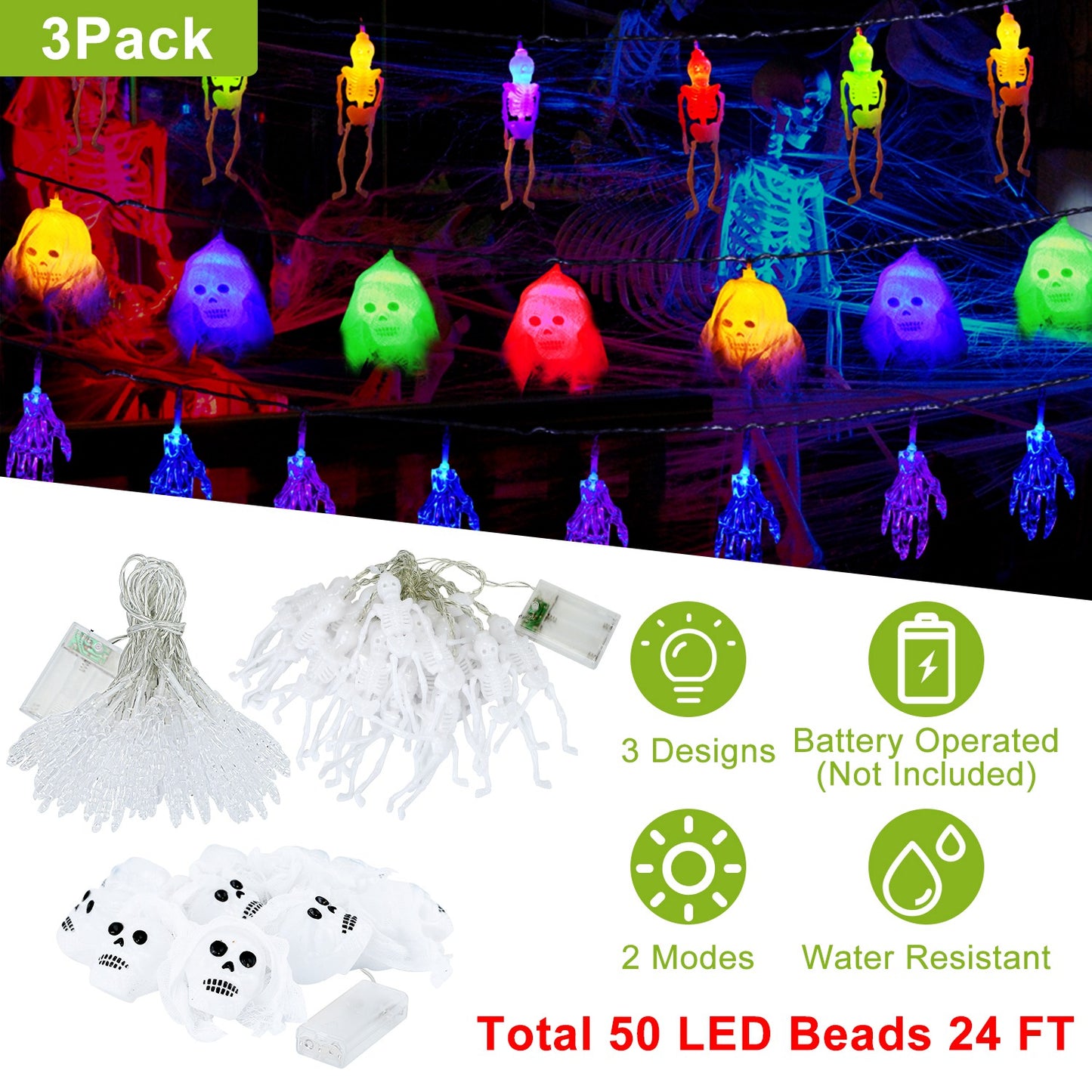 Halloween String Lights Set - 50 LED 24ft 3-Pack Decorations
