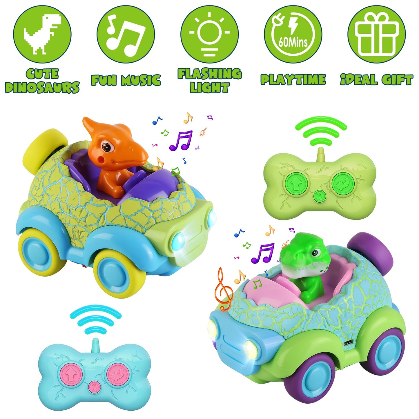 Dinosaur Remote Control Cars 2-Pack for Toddlers Ages 3+