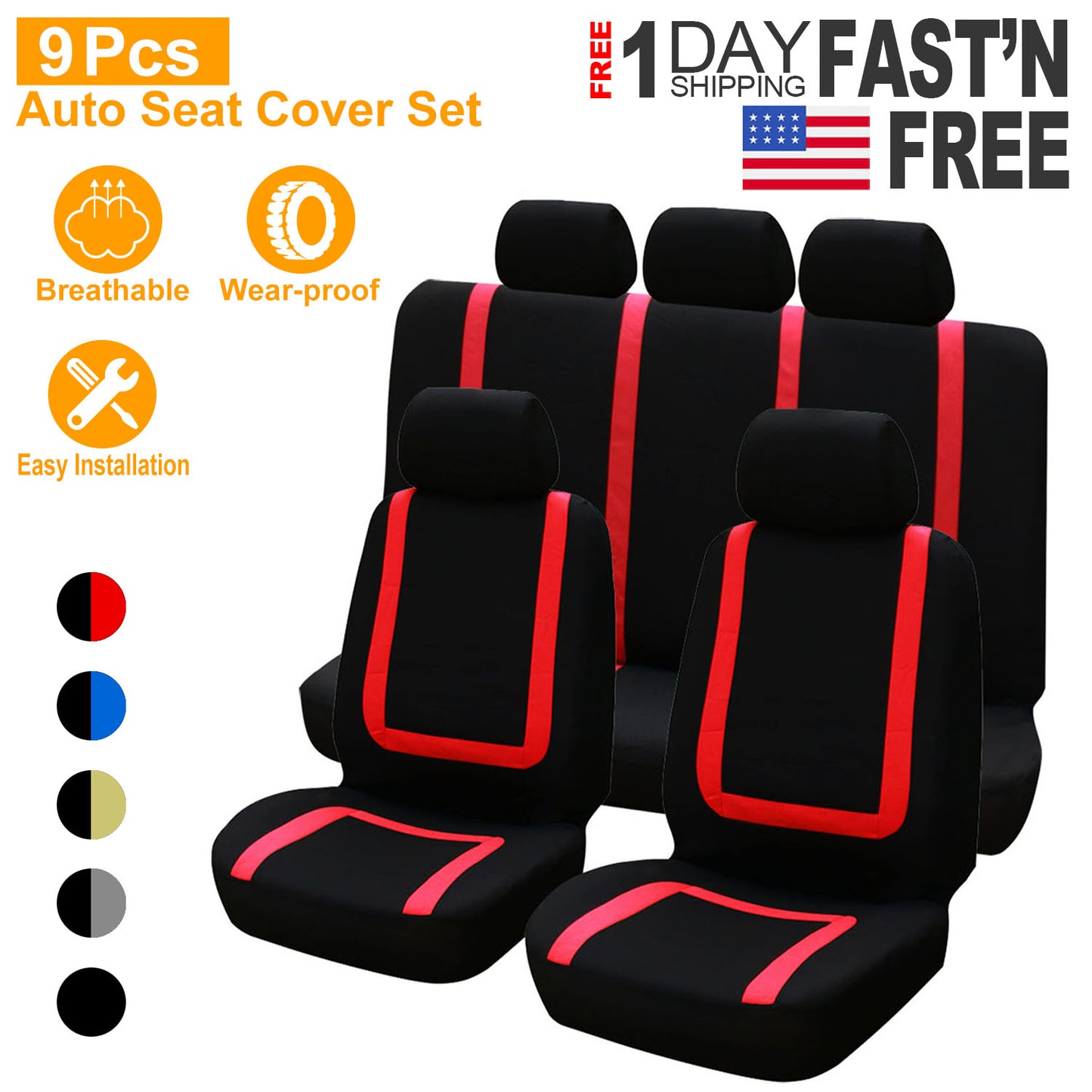 Universal Car Seat Covers 9-Piece Set for Auto Truck SUV