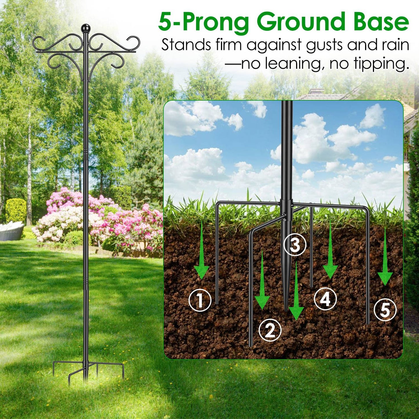 Double Shepherd Hook 76in Adjustable Garden Pole with 5-Prong Base