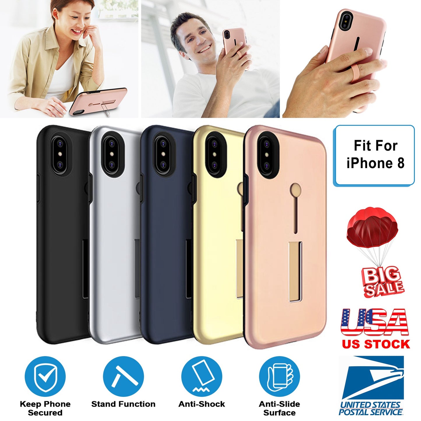 iPhone 8 Case with Finger Strap and Kickstand